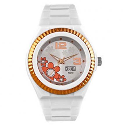 Montre femme étanche pas chère avec bracelet en plastique blanc, cadran blanc et doré avec petites fleurs