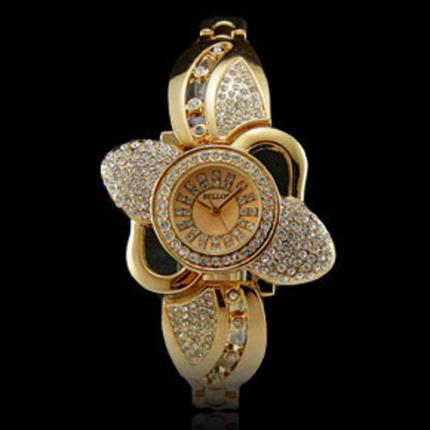 Magnifique montre femme en forme de fleur doré rose en métal recouverte de strass