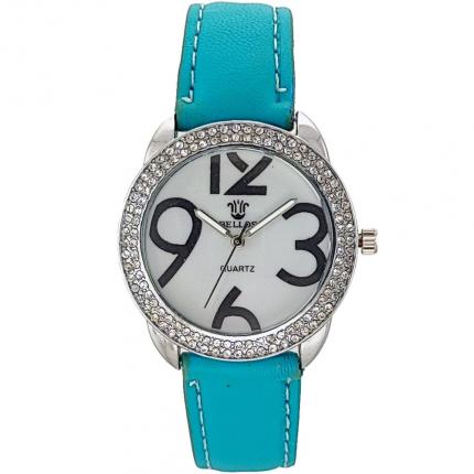 Montre turquoise femme pas cher avec cadran argenté orné de strass