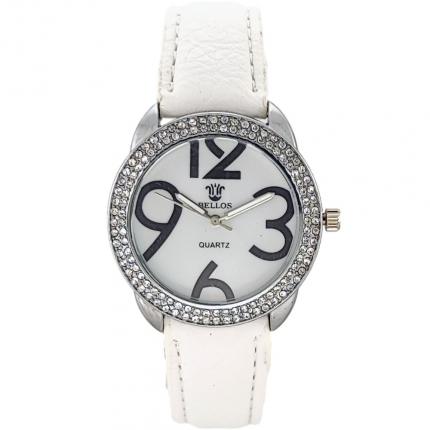Montre femme blanche pas chère avec boitier argenté orné de strass