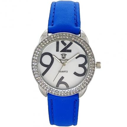 Montre femme strass avec bracelet bleu foncé en cuir