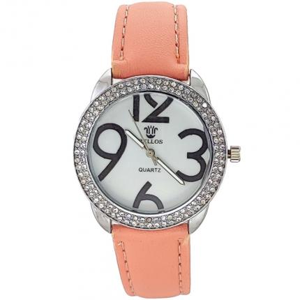 Montre femme fantaisie ornée de strass avec bracelet en cuir rose saumon