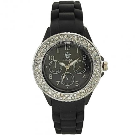 Très belle montre femme noire en silicone avec strass autour du cadran