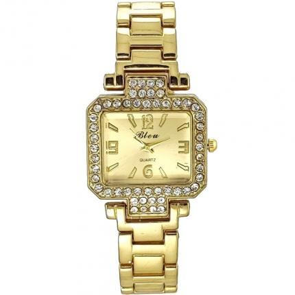 Belle montre femme carrée en acier doré avec strass