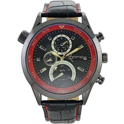 Montre homme quartz analogique noire et rouge avec bracelet en cuir