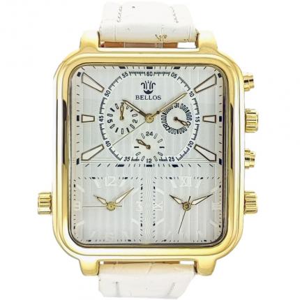 Grosse montre homme blanche rectangulaire avec boitier doré et triple cadran