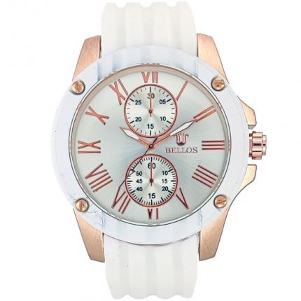 Montre chiffres romains homme blanche et or rose avec bracelet en silicone