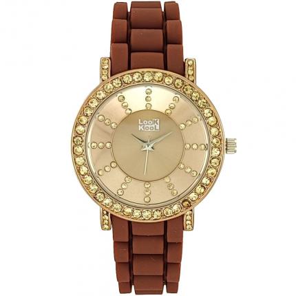 Montre fantaisie femme strass avec un bracelet en silicone marron