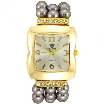 Montre fantaisie femme carrée avec bracelet en perles grises nacrées