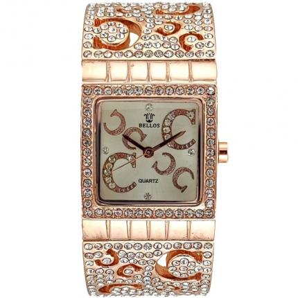 Magnifique montre bijou femme carrée ornée de strass en métal doré rose