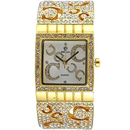 Montre dorée femme cadran carré avec strass